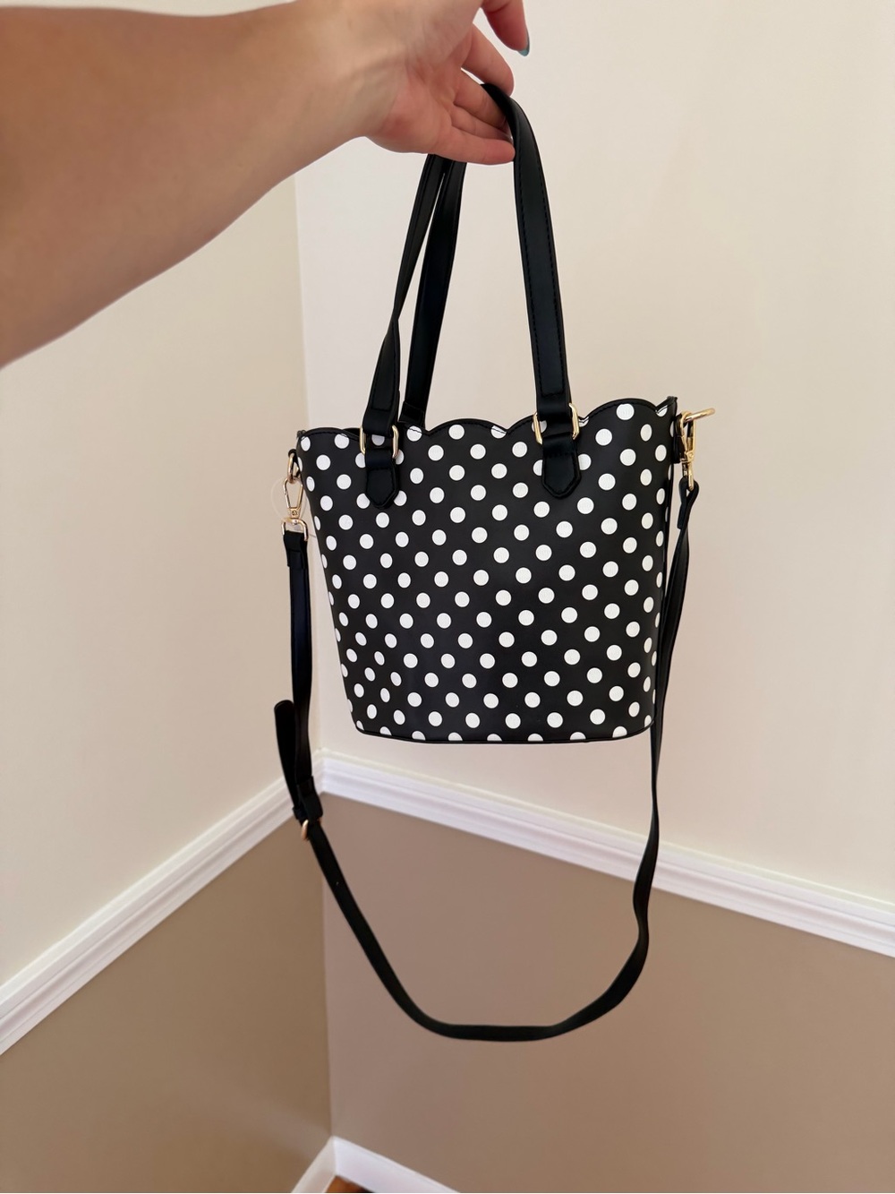 Polka Dot Black Crossbody Tote with Red Pom Charm Betsy Johnson - Picture 5 of 7